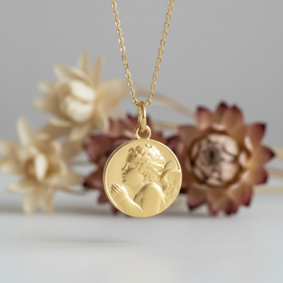 Médaille Ange Raphaël En Prière, Or Jaune 375, 13 mm - Emanessence