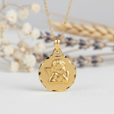 Médaille Ange Pensif Facettée, Or Jaune, 16 mm - Lumiosa