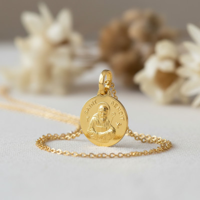 Médaille Saint Benoît, Or Jaune 750, 16 mm - Lumiosa