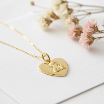 Médaille Coeur Ange Pensif, Or Jaune 750, 14 mm - Lumiosa