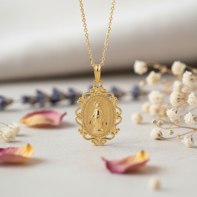 Médaille Vierge Miraculeuse Filigrane, Or Jaune 750, 16x23 mm - Vandona