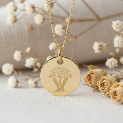 Médaille Arbre de Vie & Mains, Plaqué Or Jaune, 19 mm - Lumiosa