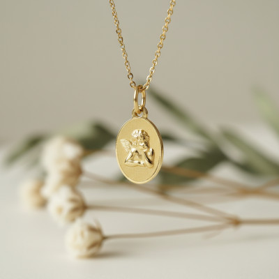 Médaille Ange Pensif Ovale, Or Jaune 750, 10x17 mm - Lumiosa