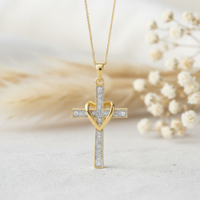 Pendentif Croix & Coeur, Or Jaune 375 & Diamants 0,05 ct, 16x30mm - Emanessence