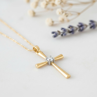 Pendentif Croix, Or Jaune 375 & Diamant Solitaire 0,03 ct - Juweel