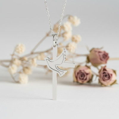 Pendentif Croix & Colombe, Or Blanc, 30mm - Lucas Lucor