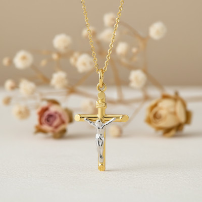 Pendentif Christ en Croix Moderne, 2 Ors 750, 18x30mm - Emanessence