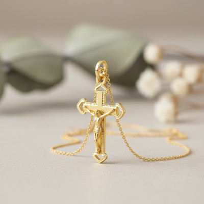 Pendentif Croix Christ Sculptée, Or Jaune 750, 20x14 mm - Lumiosa
