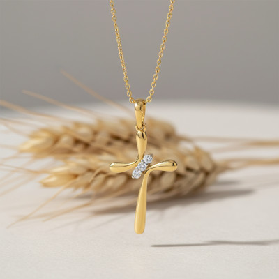Pendentif Croix, Or Jaune 375 & Diamants 0,04 ct, 23,60x11 mm - Juweel