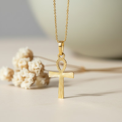 Pendentif Croix Ankh Biseautée, Or Jaune 375, 10x22mm - Emanessence