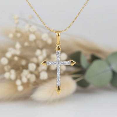 Pendentif Croix, Or Jaune 375 & Diamants 0,11 ct, 24.4x12.7mm - Juweel