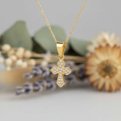 Pendentif Croix, Or Jaune 750 & Oxydes de Zirconium Blancs, 9x14mm - Vandona
