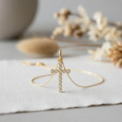 Croix stylisée, Or jaune 750 et Zircones, 10x16mm - Emanessence