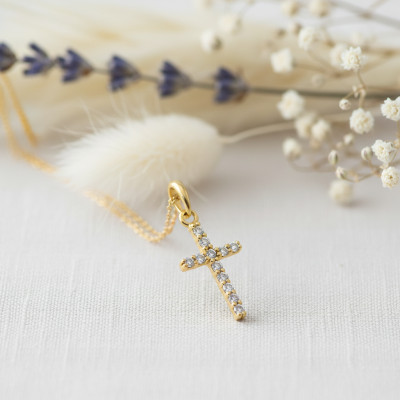 Pendentif Croix, Or Jaune 750 & Diamants 0,11 ct, 13.5x8.2mm - Emanessence