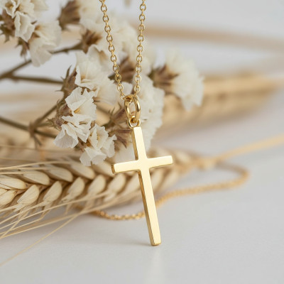 Pendentif Croix Section Carrée, Or Jaune 750, 15x34mm - Emanessence