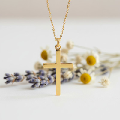 Pendentif Grande Croix Simple, Or Jaune 750, 19x33mm - Emanessence
