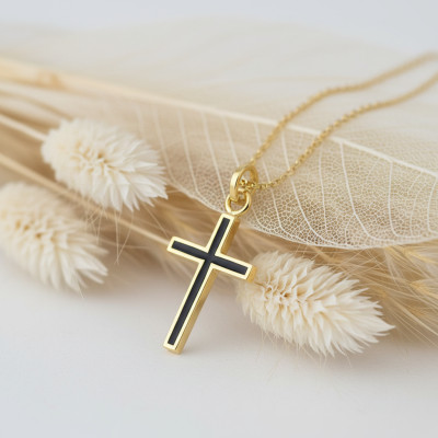 Pendentif Croix, Or Jaune & Laque noir, 18x12mm - Emanessence
