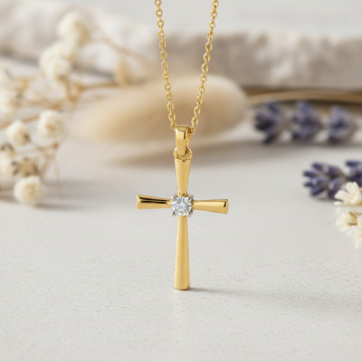 Pendentif Croix, Or Jaune 750 & Diamant Solitaire 0,03 ct - Juweel