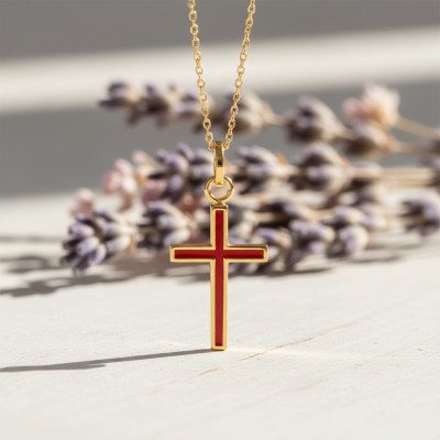 Pendentif Croix, Or Jaune & Laque Rouge, 18x12mm - Emanessence