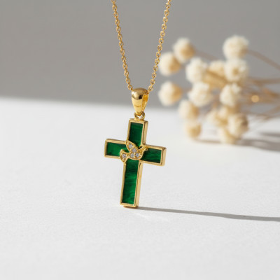 Pendentif Croix à la Colombe, Or Jaune 750 & Malachite, 19x12,5mm - Lumiosa