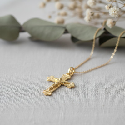 Croix Christ Facetté, Or Jaune 750, 27x18mm - Lumiosa