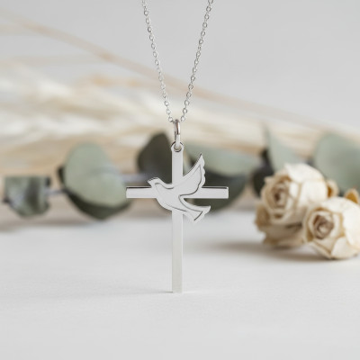 Pendentif Croix & Colombe, Or Blanc, 20mm - Lucas Lucor