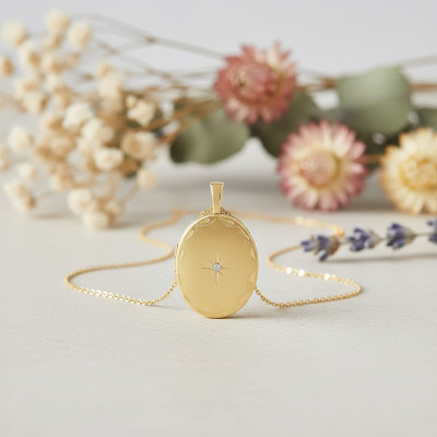 Pendentif Photo Ovale, Or Jaune 375 & Diamant 0,01ct, 16x25mm - Emanessence