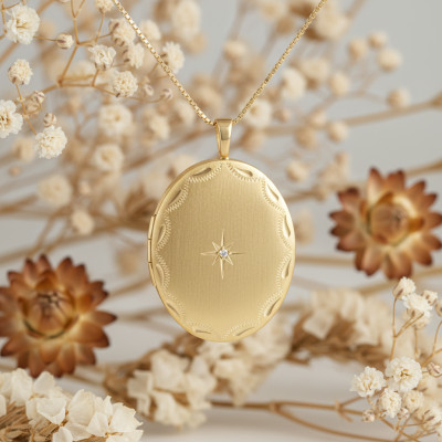 Pendentif Photo Ovale, Diamant 0,01ct & Or Jaune 375, 20x32mm - Emanessence