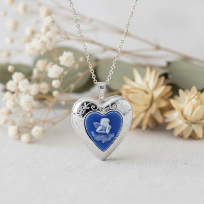 Pendentif Photo Coeur Camée motif Chérubin, Argent 925, 20x25mm - Artemis