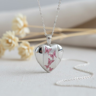 Pendentif Porte Photo Coeur Papillons Roses, Argent 925, 16x21mm - Artemis