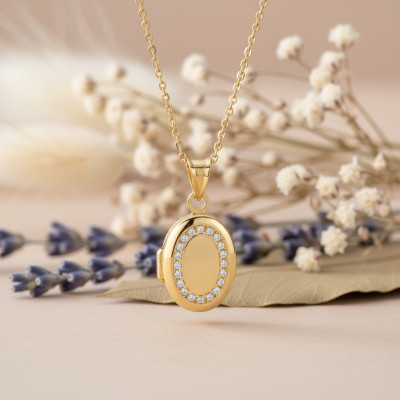 Pendentif Photo Ovale, Zircons & Or Jaune 375, 12x23.50mm - Emanessence