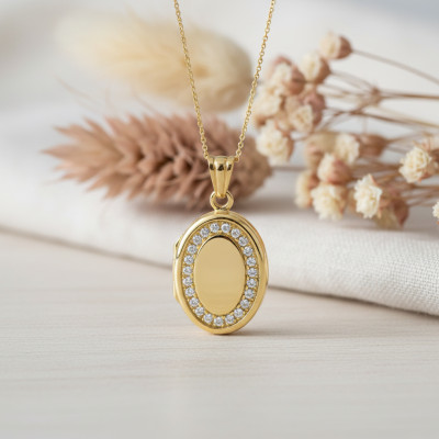 Pendentif Photo Ovale, Or jaune 375 & Zircons, 24x16mm - Emanessence