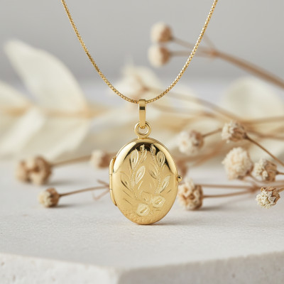 Pendentif Photo Motif Fleuri Ovale , Or Jaune 375, 17x28mm - Emanessence