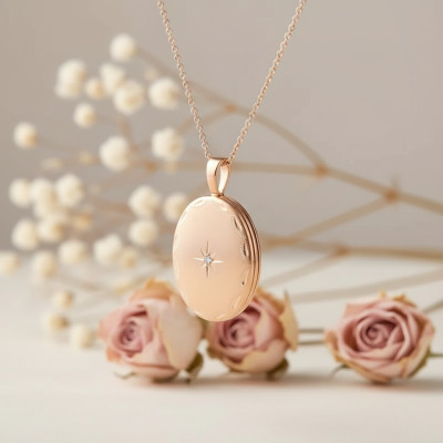Pendentif Photo Ovale, Or rose 375 & Diamant, 25x16mm - Emanessence