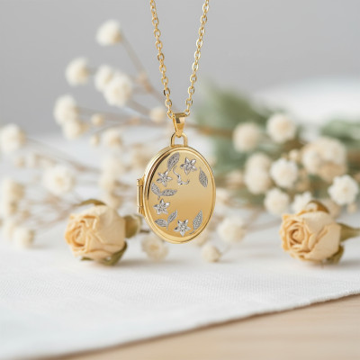 Pendentif Porte Photo Fleur, 2 Ors 375, 17x24mm - Emanessence