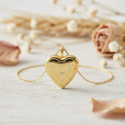 Pendentif Photo Coeur Etoile, Or Jaune 375 & Diamant 0,01 ct, 20x25mm - Emanessence