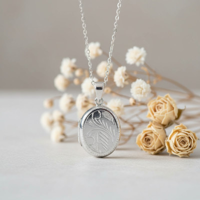Pendentif Photo Ovale gravure Floral, Argent 925, 17x28mm - Artemis
