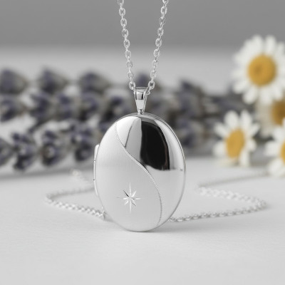 Pendentif Porte Photo Ovale Vague & Étoile, Argent 925, 20x32mm - Artemis