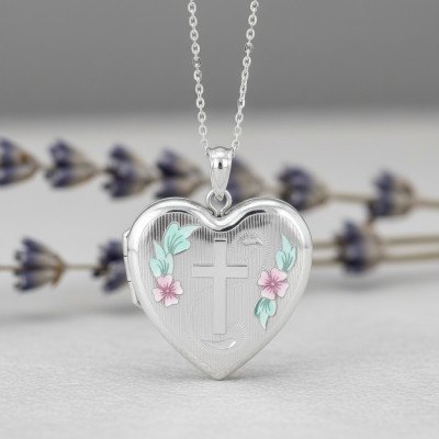 Pendentif Porte Photo Coeur Croix & motifs Fleurs, Argent 925, 30x24mm - Artemis