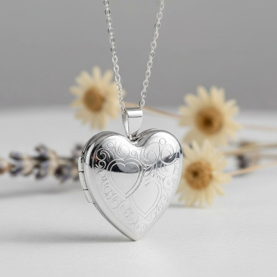 Pendentif Porte Photo Coeur à motifs, Argent 925, 24x28mm - Artemis