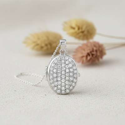 Pendentif Porte Photo Zircons Ovale, Argent 925, 18x38mm - Artemis