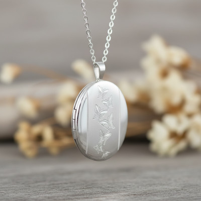 Pendentif Porte Photo Ovale Papillons, Argent 925, 20x32mm - Artemis