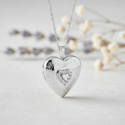 Pendentif Porte Photo Coeur Texturé, Argent 925 & Cristaux, 20x25mm - Artemis