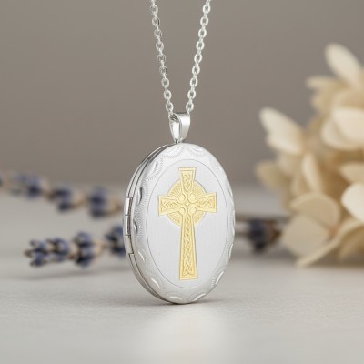 Pendentif Porte Photo Ovale Croix Celtique, Argent 925 Bicolore, 32x20mm - Artemis