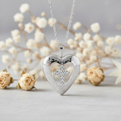 Pendentif Porte Photo Coeur Croix, Argent 925 & Cristaux, 20x25mm - Artemis