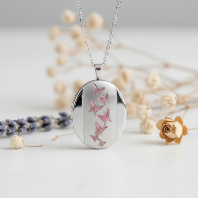 Pendentif Porte Photo Ovale Papillons Roses, Argent 925, 20x32mm - Artemis