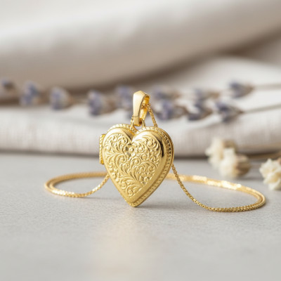 Pendentif Photo coeur arabesque, Or jaune 750, 22x23mm - Emanessence