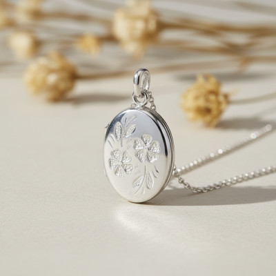 Pendentif Photo Ovale motif Marguerites, Or Blanc 375, 17x24mm - Emanessence