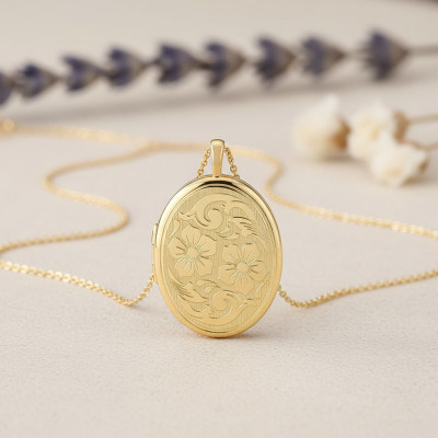Pendentif Porte Photo Floral Ovale, Or Jaune 375, 20x32mm - Emanessence