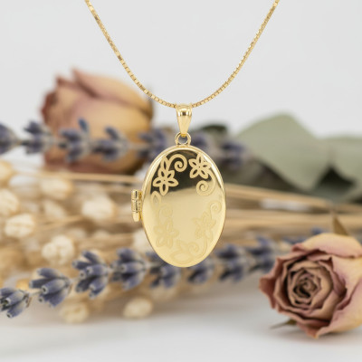 Pendentif Photo Gravé Fleur, Or Jaune 375, 30x17mm - Emanessence